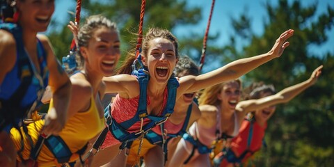 A group cheering as their friend takes a daring bungee jump