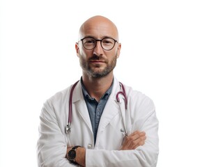 Fototapeta premium A confident male doctor, in a crisp white coat, stands out against a stark white backdrop, showcasing a professional and composed demeanor.