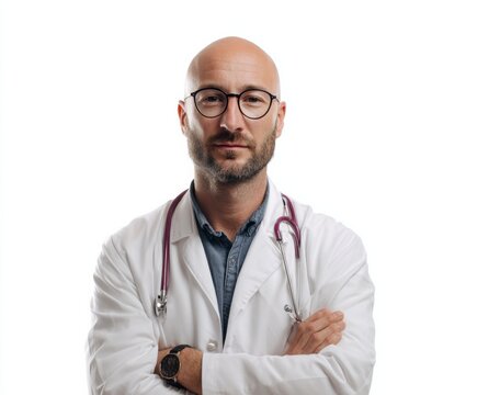 A confident male doctor, in a crisp white coat, stands out against a stark white backdrop, showcasing a professional and composed demeanor.