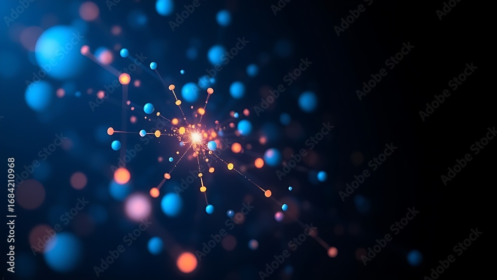 Wall mural abstract network of glowing nodes and connections in blue and orange floating in space.
