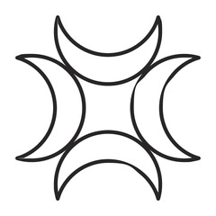Four crescent moon symbol in a clean line art design. Abstract geometric star or cross shape with a retro Y2K aesthetic