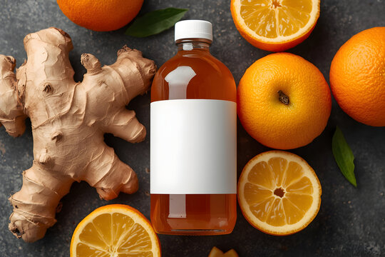 Invigorating wellness elixir of fresh ginger and oranges in an unlabeled bottle concept