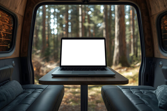 Laptop workspace inside converted campervan overlooking tranquil forest landscape, ideal for remote work