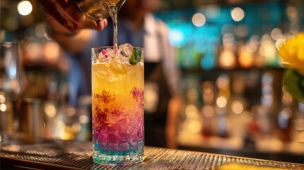 Welllit mocktail being poured into a decorated glass with blurred bartender and colorful bar environment enhancing nonalcoholic drink appeal.