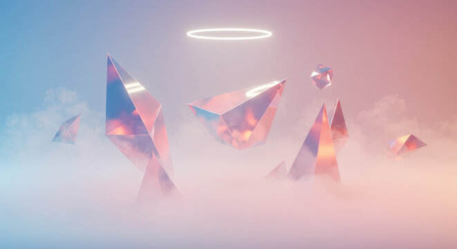 A surreal ethereal fantasy landscape featuring geometric crystal shards and a divine halo rising from pink mist