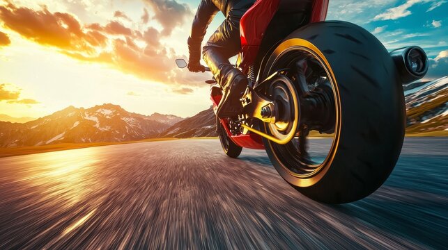 Bottom view image of man, professional motorbike rider on road, riding with high speed around mountains on sunset. - Powered by Adobe
