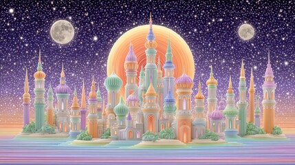 Obraz premium Whimsical Pastel Cityscape Under a Giant Orange Moon