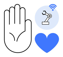 Open hand, robotic arm with wireless signal, and blue heart. Ideal for technology, innovation, healthcare, robotics, connectivity, human values simple landing page