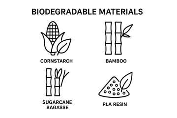 Biodegradable materials outline icon set. Eco friendly compostable packaging symbols. Cornstarch, bamboo, sugarcane bagasse, PLA resin. Sustainable plastic alternative vector.