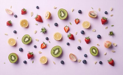 Artful display of fresh strawberries, kiwi, and citrus slices scattered on a soft purple background, a vibrant and healthy food composition.