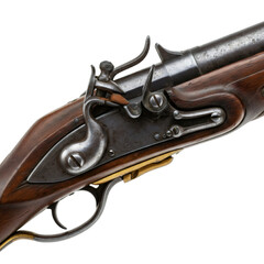 Antique Flintlock Rifle with Wooden Stock and Metal Accents on Black Background in a Studio Shot