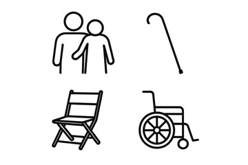 Fototapeta premium Caregiver line icon set. Elderly assistance, disability support and senior health care concept. Vector symbols of people, walking cane and wheelchair for nursing service.