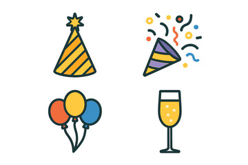 Party and celebration flat icon set. Vector graphic collection of birthday and event symbols like a party hat, confetti, balloons and champagne glass. Isolated illustration.