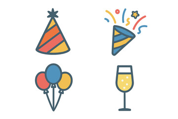 Party icon collection. Vector flat design elements for celebration. Birthday party hat, confetti popper, festive balloons, champagne. Isolated graphic set for events.