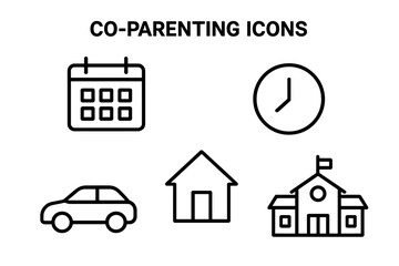 Co-parenting outline icon set. Shared child custody schedule, calendar, clock, car, school, and home icons. Concept for divorce, family law, and parenting plan logistics.