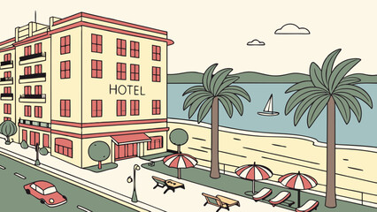 Obraz premium Coastal Hotel illustration seaside resort summer vacation travel tourism retro style holiday getaway beach scene palm trees car umbrellas benches ocean view vacation destination summer travel idyllic.