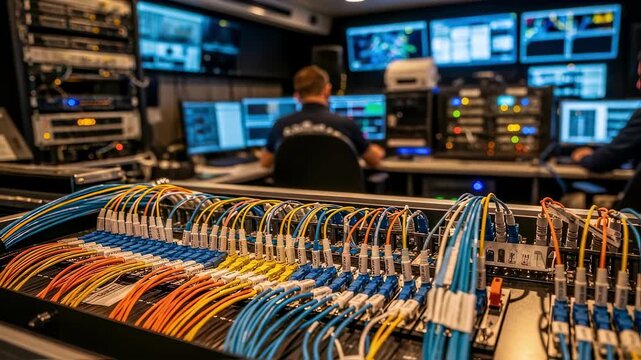 style perspective of fiber backhaul network assembly inside an OB van highlighting systematic patch panel configuration.