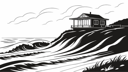 Fototapeta premium Coastal House Cliffside Ocean Waves Black and White Illustration Design.