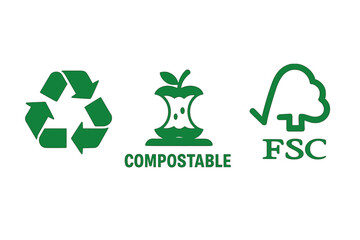 Eco-friendly icon set with recycle symbol, compostable logo, and FSC badge. Green vector illustration of environmental labels and certifications for sustainable packaging.