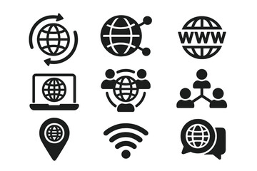Global communication solid icon set. Internet, network, and technology symbols. Vector glyph collection for web, UI, UX design. Worldwide connection, wifi, and www icons.