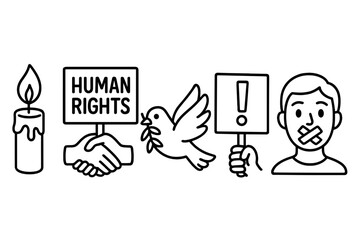 Human rights icon set with protest and freedom symbols. Outline vector graphics for social issues, activism, censorship, and equality. Includes dove, vigil candle, and protest sign.
