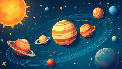 Colorful Solar System Illustration with Planets and Sun in Space Scene