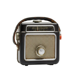Fototapeta premium Black and Gold Vintage Portable Radio with Leather Handle on Transparent Background