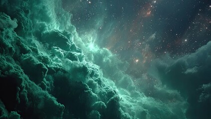 Fototapeta premium Cosmic emerald clouds against a starry night
