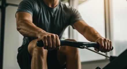 Man rowing on a machine in a gym
