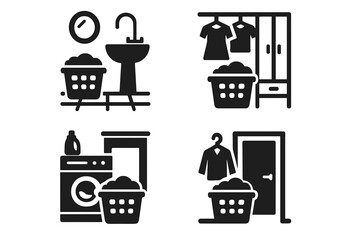Laundry solid glyph icon set. Household chores and washing clothes concept. Vector illustrations of laundry basket, washing machine, detergent in bathroom, bedroom, and hallway.