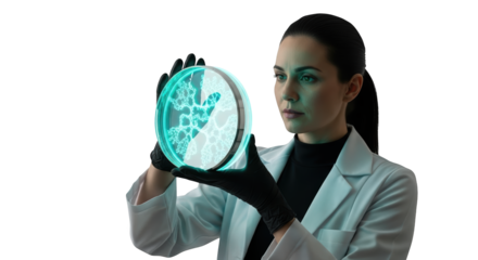 Scientist examining glowing petri dish with intricate cellular structure on a clean white background with a high-quality png format