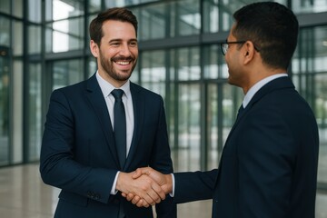 Business Deal Handshake: Two suited professionals seal a business deal with a firm handshake, set against the backdrop of a modern office building, symbolizing cooperation and agreement.