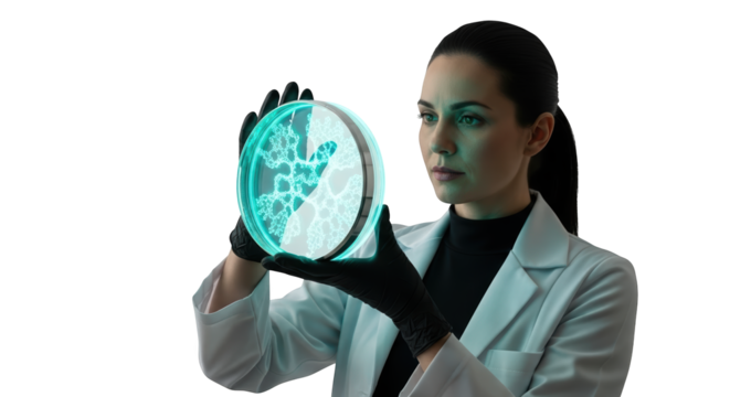 Scientist examining glowing petri dish with intricate cellular structure on a clean white background with a high-quality png format