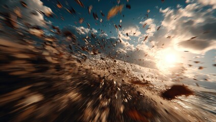 Blurred, fast-motion view of debris and clouds