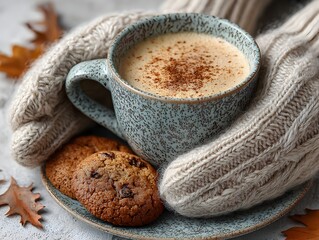 A person wea mittens holds a cup of spiced latte with cookies and autumn leaves on a gray background.