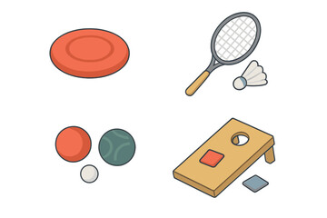 Outdoor games icon set with frisbee, badminton racket, bocce ball, and cornhole board. Isometric flat vector illustration for summer family fun, backyard activities, and recreation.