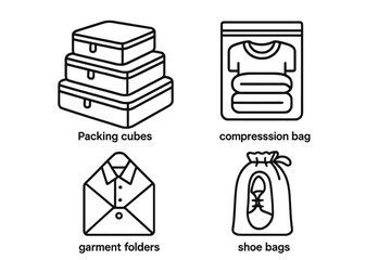 Outline icons of packing tools and travel organization essentials including packing cubes, compression bags, garment folders, shoe bags, vector cartoon illustration set