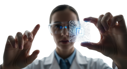 Scientist Examining a Glowing Microchip with Futuristic Technology and Advanced Circuitry on a Transparent Material in a Laboratory Setting