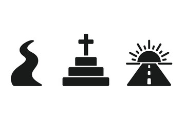 Pathways to Belief Icons Solid Filled Vector Set with Footpath, Steps to Altar Cross, Rising Sun Over Road, Spiritual Journey, Faith and Hope Symbols, Conceptual Metaphors
