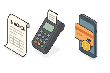 Isometric Payment Tools Icons Set, Digital Payment Methods, Invoice Paper, Credit Card Terminal, Mobile Wallet, Contactless Payment, Finance and Transaction Vector Illustration