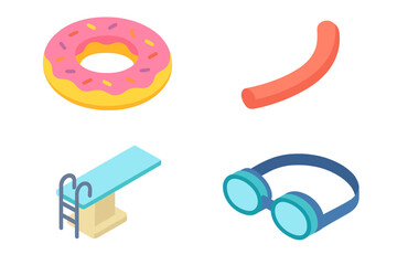 Isometric Flat Vector Pool Party Icons Set with Inflatable Donut Float, Pool Noodle, Diving Board, Swim Goggles, Summer Fun Water Toys and Accessories Illustration