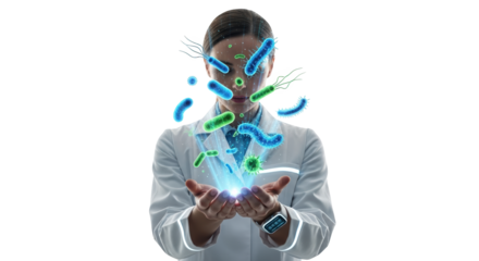 Scientist Holding Glowing Microbes in Hands with Particles Floating Around them in a Futuristic Laboratory Setting Demonstrating Scientific Discovery