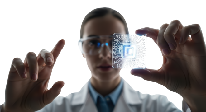 Scientist Examining a Glowing Microchip with Futuristic Technology and Advanced Circuitry on a Transparent Material in a Laboratory Setting