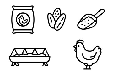 Poultry feeding icons outline set with feed sack, corn kernels, feed scoop, trough feeder, and cartoon chicken illustration for farming and agriculture design