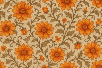Floral Fabric's Embrace: An artistic arrangement of vibrant, orange daisy-like flowers is elegantly entwined with intricate vines against a warm background.