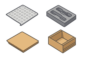 Protective Packaging Icons Set, Isometric Flat Design with Bubble Wrap Sheet, Foam Insert, Corrugated Cardboard, and Cardboard Box, Vector Cartoon Illustration Collection