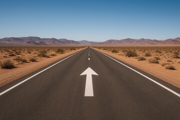 Fototapeta premium The Open Road and Arrow: A straight asphalt road stretches endlessly into the distance, the open road beckoning with an arrow guiding forward.