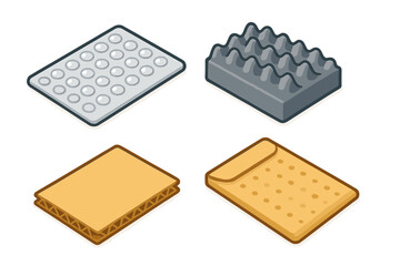 Isometric Protective Packaging Icons Set, Flat Design Vector Illustration of Bubble Wrap Sheet, Foam Insert, Corrugated Cardboard, and Padded Envelope for Shipping Protection