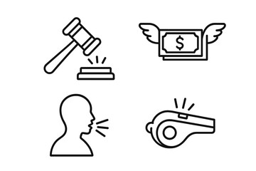 Protest and activism icons set, solid filled advocacy and demonstration symbols, vector cartoon illustration, speech, justice hammer, whistle, flying money, transparent background