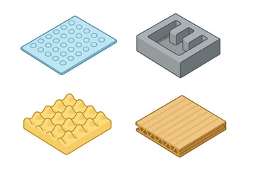 Isometric Flat Icons Set of Protective Packaging Materials Including Bubble Wrap Sheet, Foam Insert, Corrugated Cardboard Panel, and Molded Packaging Insert – Vector Cartoon Illustrations